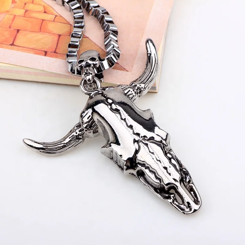 Vintage Mens Metal Chains Alloy Skull & Cow Head Pendant Necklace