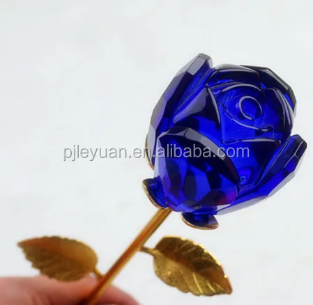 Hot sale blue glass crystal rose flower with vases for wedding decoration or souvenirs