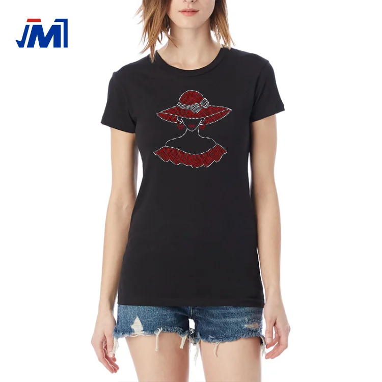 Iron On Sexy Lady and Bow Red Hat Custom Rhinestone Transfer For T-Shirt Wholesale