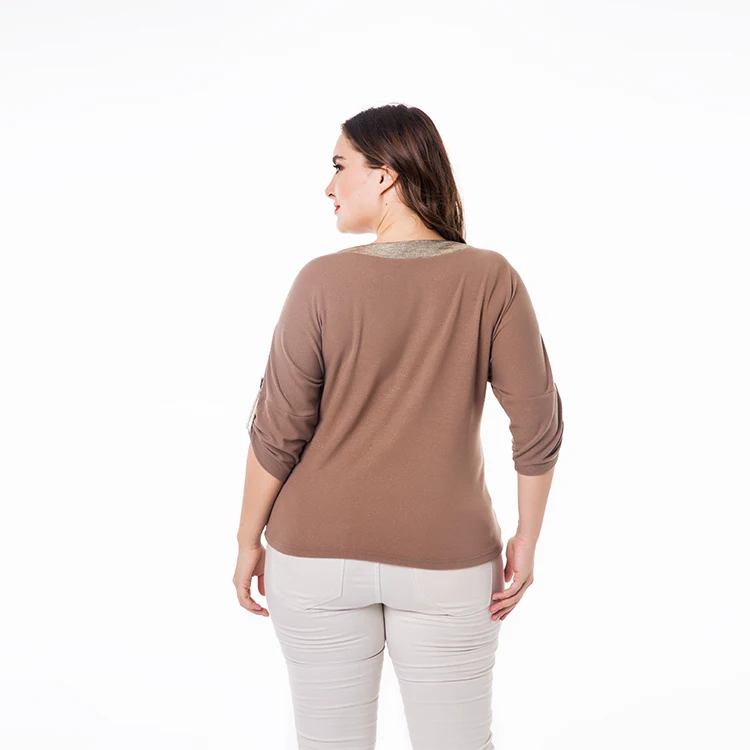 Wholesale European and American plus sizes clothing with circular collar gilt button belt knitted T-shirt top for women.