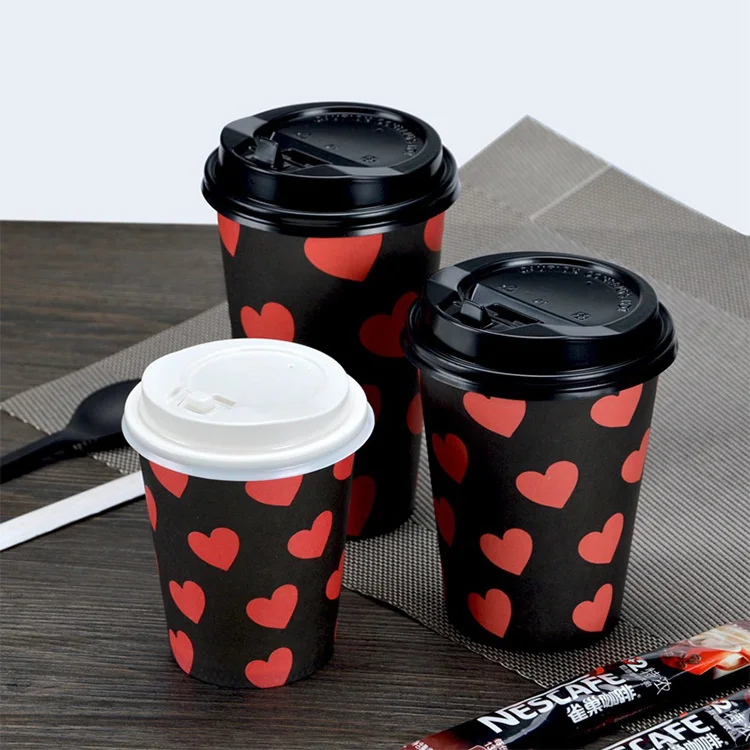 Wholesale disposable red love pattern hot drink packaging paper coffee carton cup with lids