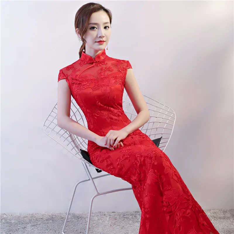 Haofei China custom made High quality traditional embroidered red lace chinese wedding dress