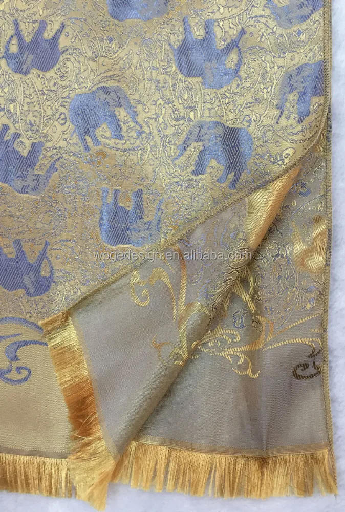 Fashion hot sold famous superb Thai design womens trims shawls hijab wraps jacquard gold elephant imitation silk scarf pashmina