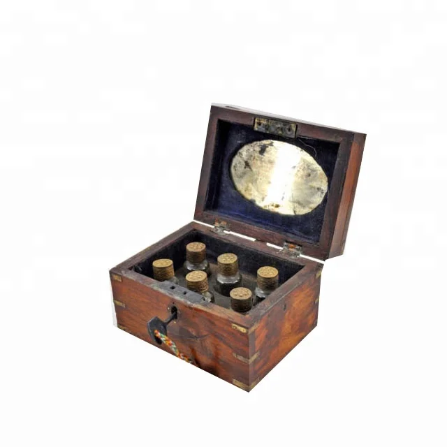 Antique Hand Crafted Wooden 6 Glass Perfume Bottles Box
