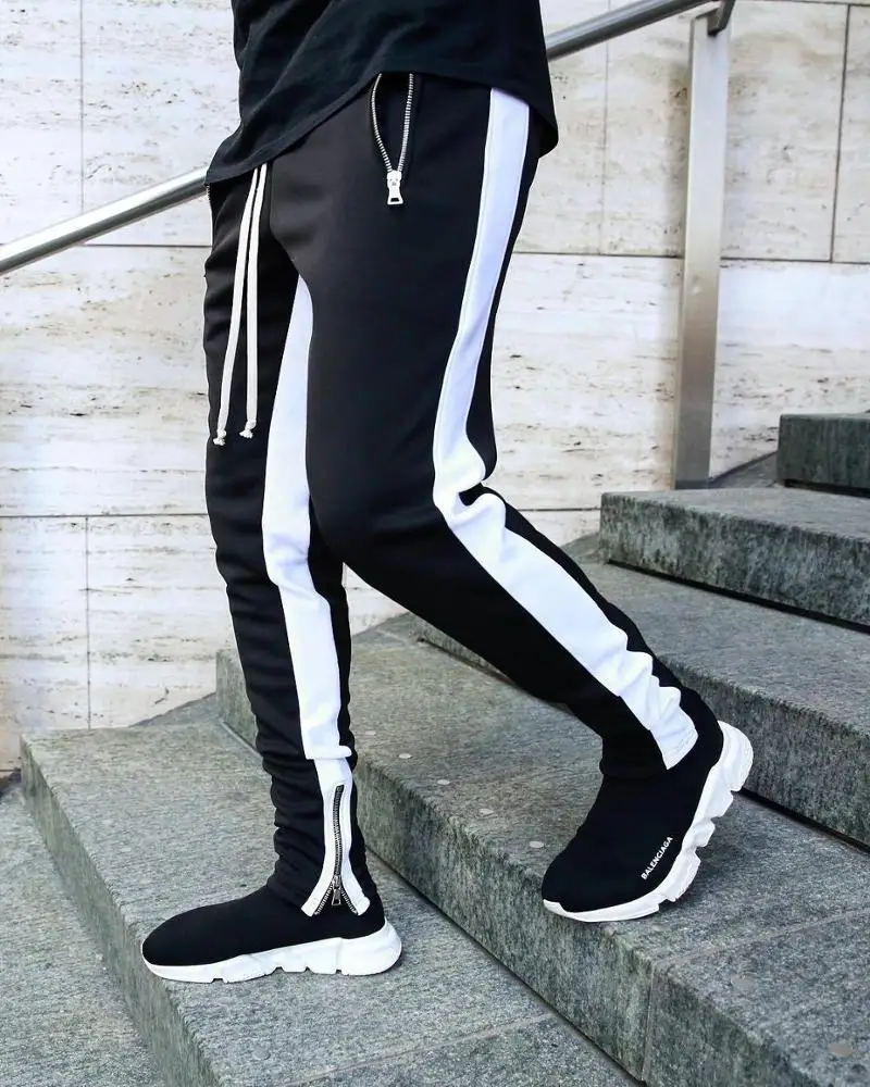 Custom Color Block French Terry Drawstring Jogging Pants Men Wholesale Mens With Zipper Track Pants