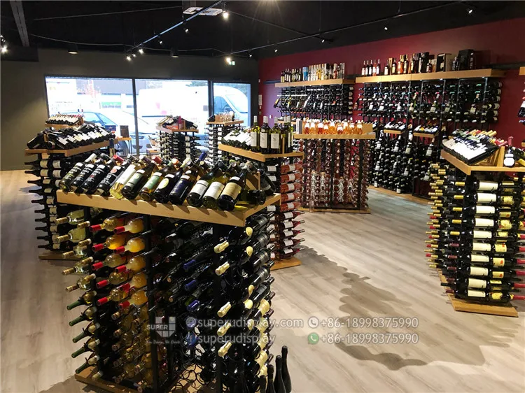 Customized Manufacturer Wooden Commercial Wine Rack Display Stand Liquor Store Decoration