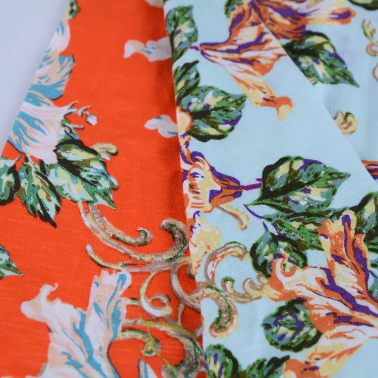 Customize slubbed printed 95 rayon 5 spandex knitted jersey rayon fabric for tops and blouses girls