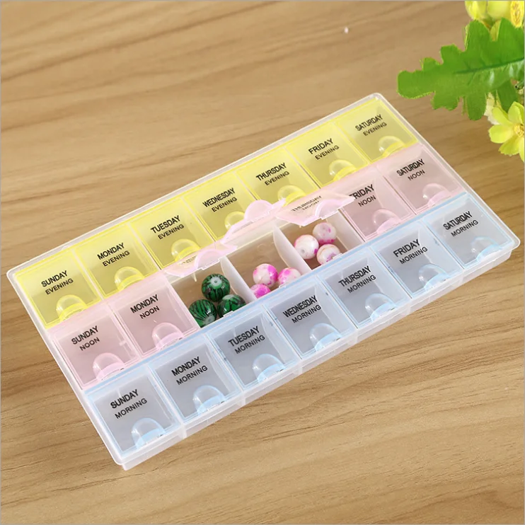 Latest Design 21 Grids Small Drug Health Kit Portable One Week Rainbow Pill Box