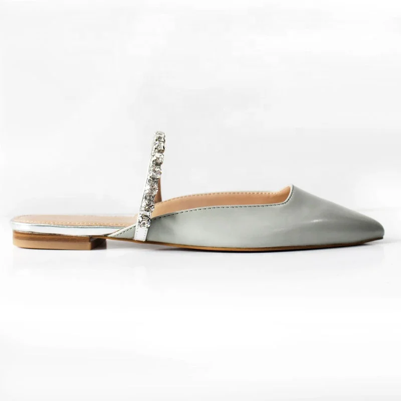 
women patent faux leather PU upper pointed toe with rhinestones chain mules flats lady slippers 2019 