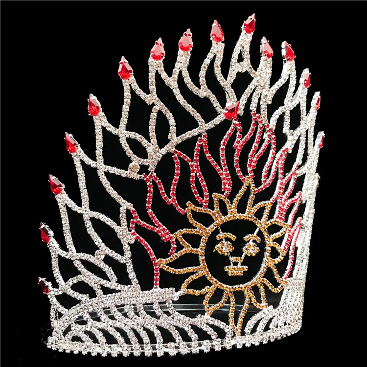 8 дюймов огонь Защита от Солнца форма короны Pageant горный хрусталь металл высокий корона настроить пользовательские кристалл тиара