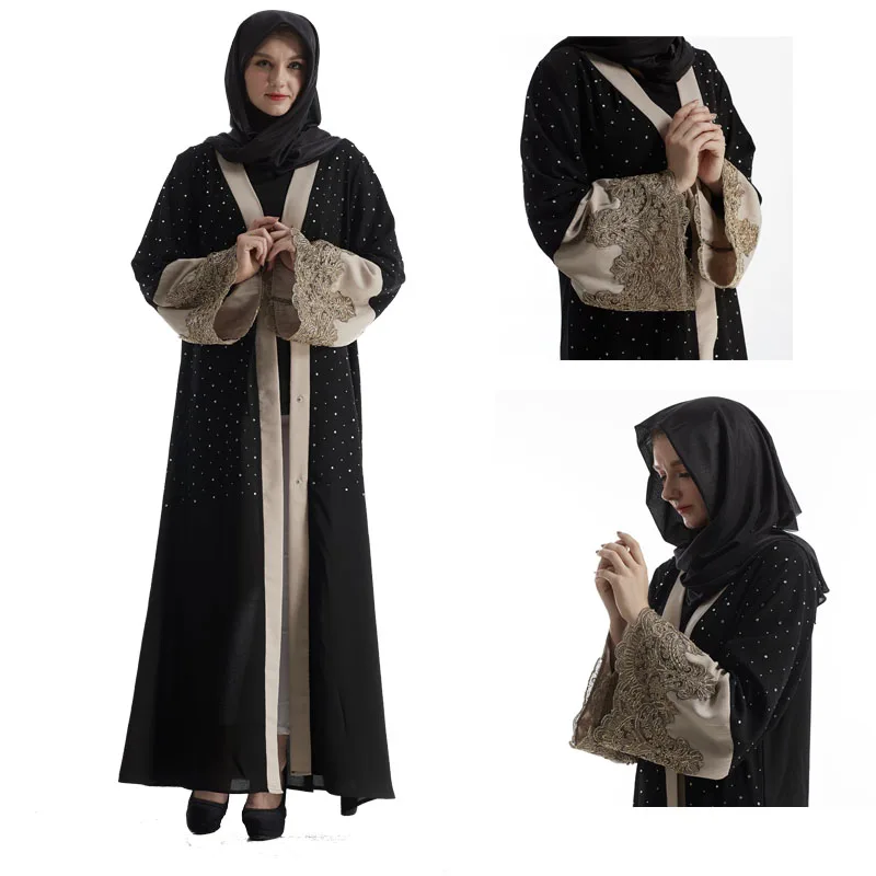 
2017 New model abaya in dubai long sleeve front open black abaya decorated with rhinestone 