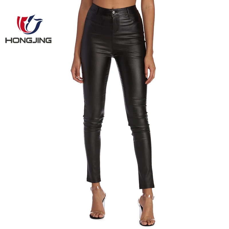 Женская одежда шагайте смело в стиле из PU искусственной кожи штаны с высокой посадкой талии пять ремень с мягким верхом на строительство укороченные узкие низ брюки