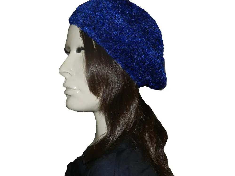 AJ 19109 Custom Blue Knitted Polyester Adjustable Light Weight Beret Beanie Hat Chenille Snood With Lining