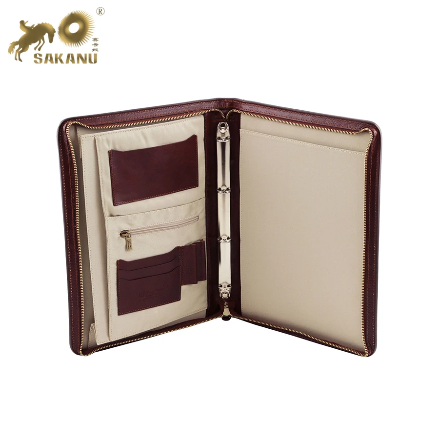 leather document case A4 portfolio with rings and handle