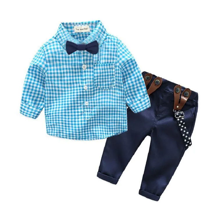 
hot sell fall boy fashion suit long sleeve grid shirt + overalls 2pcs baby boys clothing set 