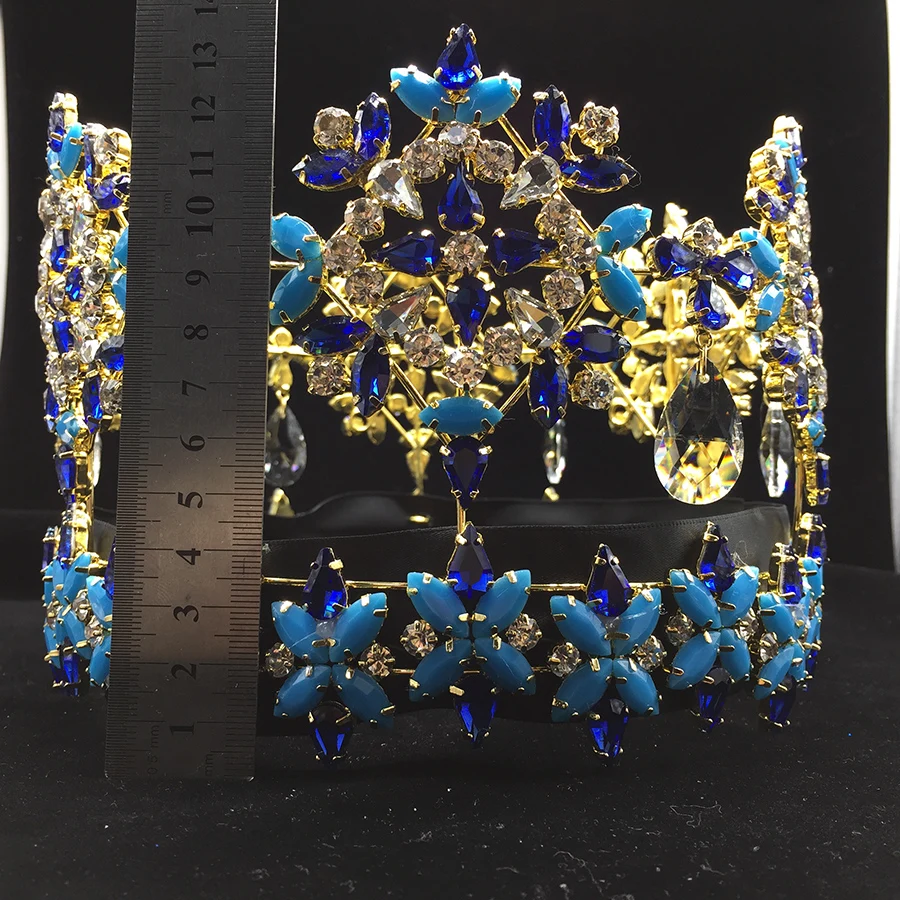 Full Round Crown Miss World Tiara Pageant Blue Stone Tall Crown