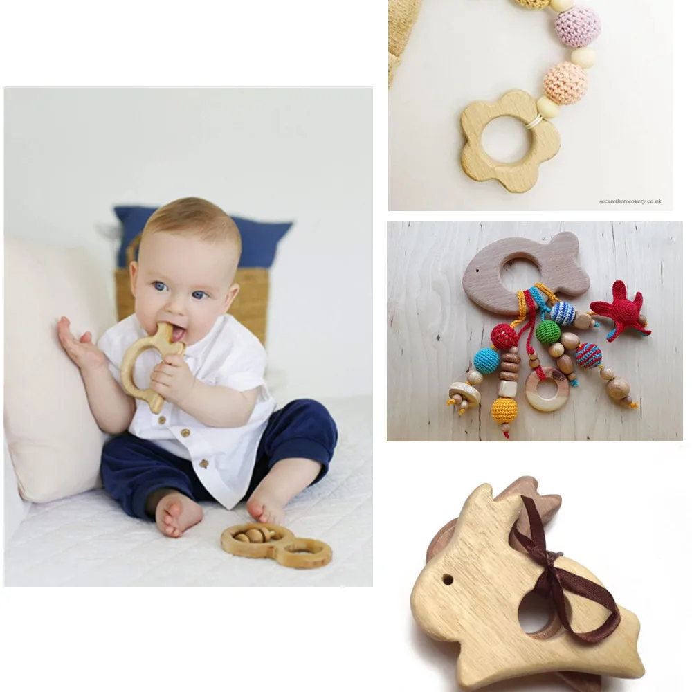 
New Safety Multi Shapes Natural Beech Wooden Baby Teether 