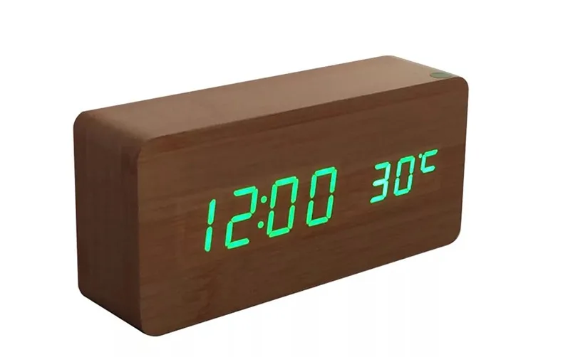 
Display Time Temperature LED Digital Desk Clock Voice Control Wooden Alarm Clock 