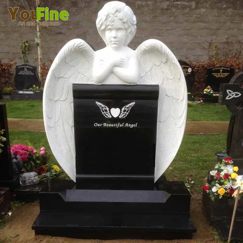 White Marble Monument Headstone with Angel Wings