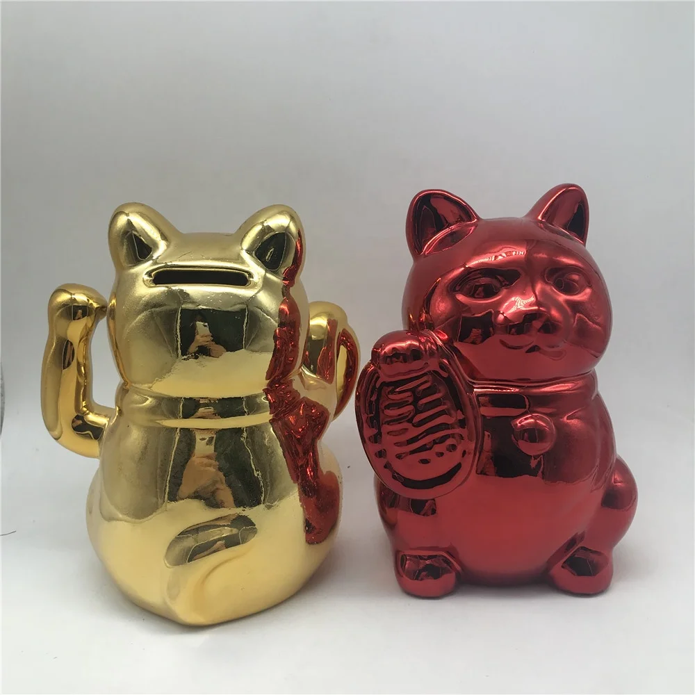 Lucky cat ceramic money piggy bank gold plating porcelain coin bank