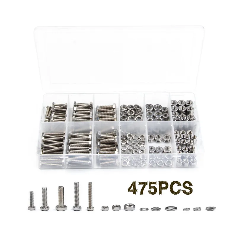 475Pcs Stainless Steel Metric Hex Bolts Head Cap Hexagon Socket Nut Screw with Lock Silver Flat/Elastic Washer M4/M5/M6 Bolt
