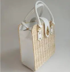 Factory outlet rattan and PU handle  woven straw small white lady hand bag