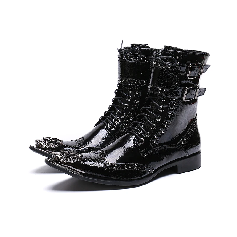 NA146 New Punk Style Genuine Leather Men Ankle Boots Iron Pointed Toe Lace Up Mens Male Cowboy Boots High Top Buckles Botas