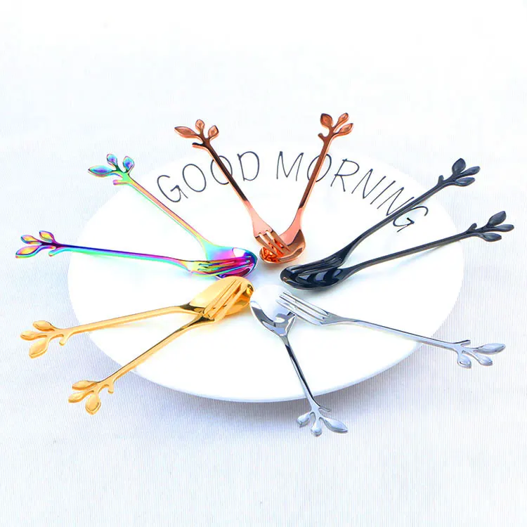 Вилка и ложка для торта с листьями, набор красочных маленьких вилок и ложек для торта из нержавеющей стали