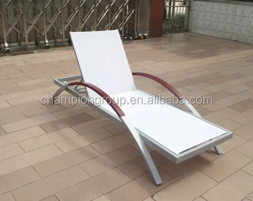 swimming pool sun lounger chair with mesh fabric and wooden arm