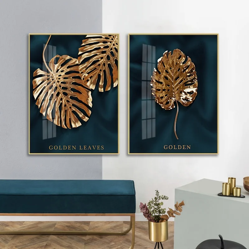 Современный холст Настенный декор Висячие Золотые листья настенная стеклянная Живопись дизайн с рамкой