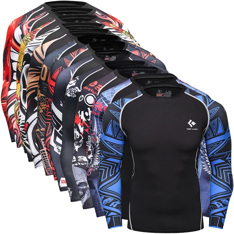 Custom logo 3d printed shirt men mma long sleeve rash guard waist band with rubber