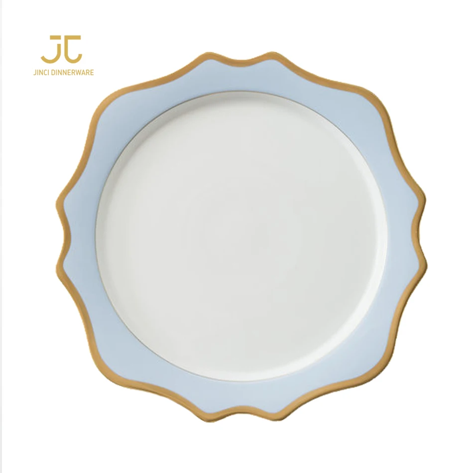 
Blue White Porcelain Gold Rim Customized Print Dinner Sets Plates For Restaurant 