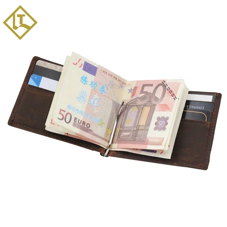 Wholesale Crazy horse leather money clip wallet men rfid slim leather wallet for men best brand leather wallet
