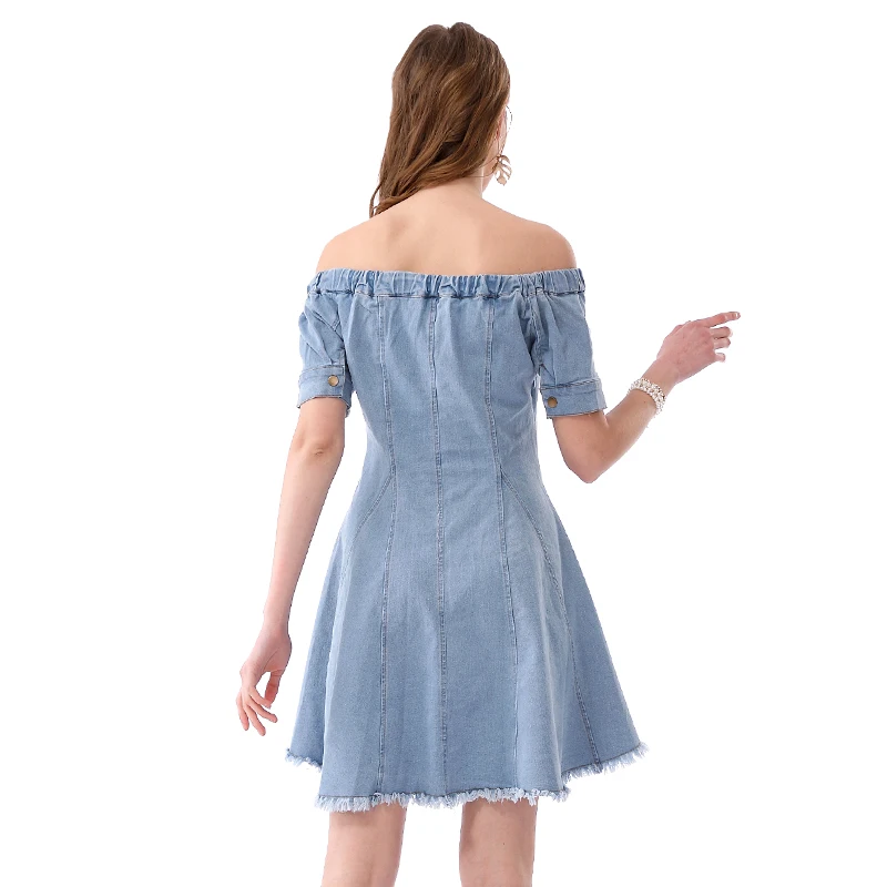 Casual Off-shoulder A-Line  Front Button Denim Dress for women Wholesale