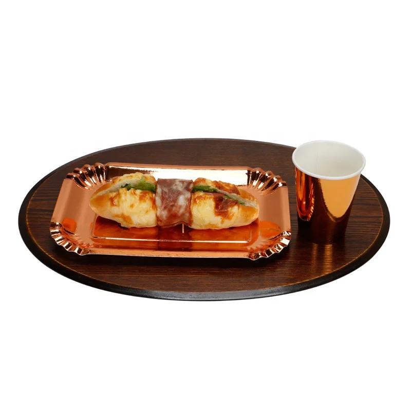 Classical Hot Sell  Disposable 400 gsm  10.5 inch Rectangle  Rose Gold Foil Paper Plates