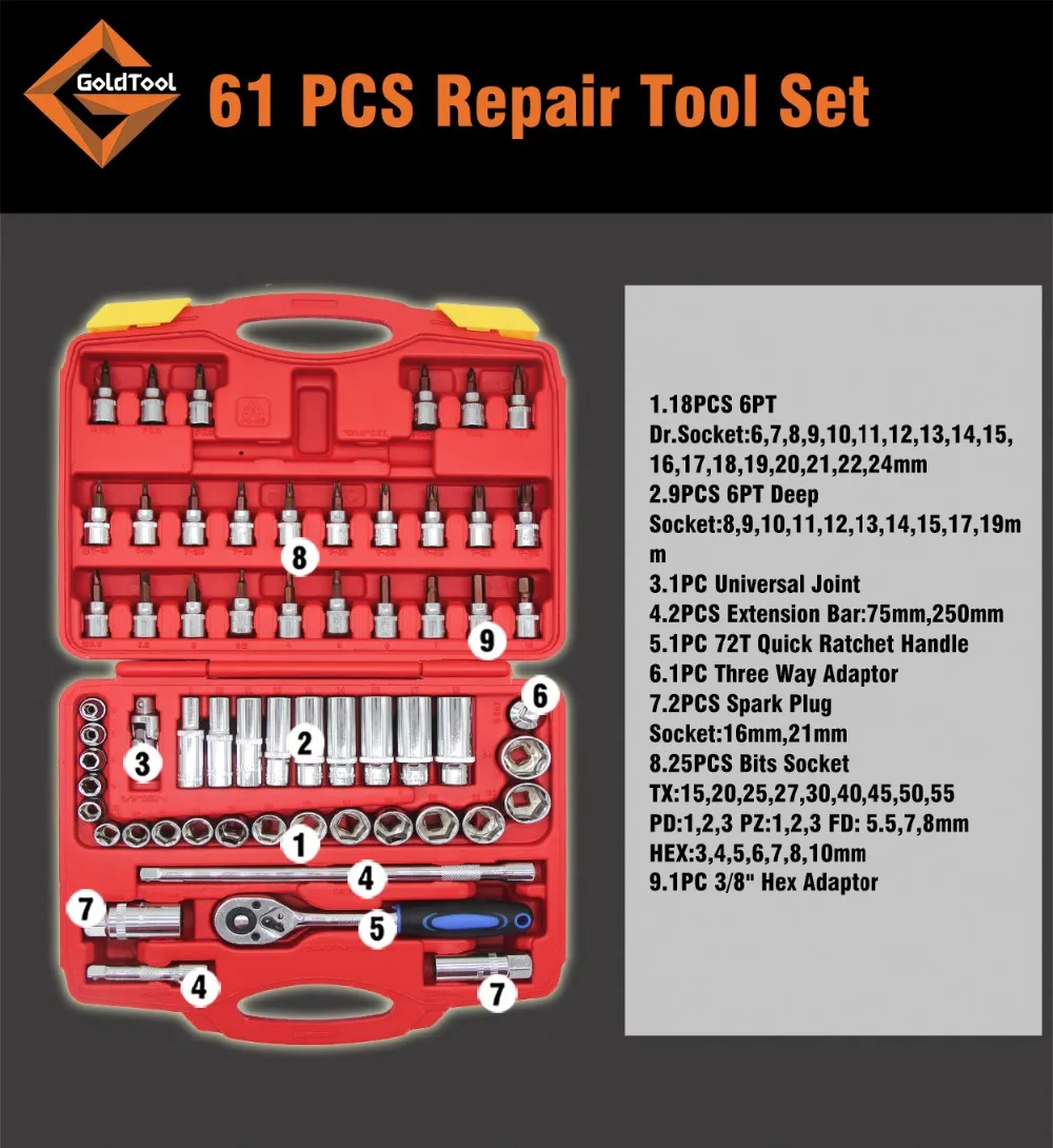 61PCS Manufacturer Supply Stronger Durable Socket Set for Carrepair Tools Car Mechanic Tool