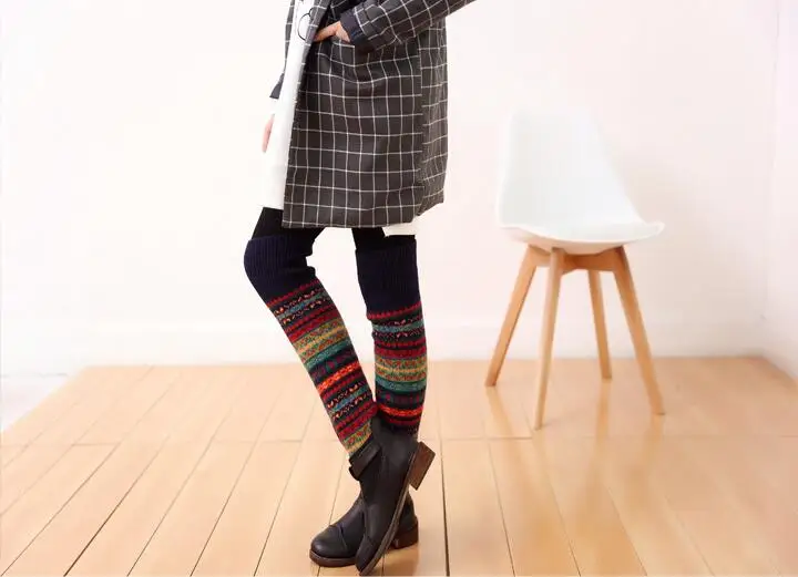 New Women Winter Stripes Leg Warmers Knee High Wool Aztec Knitted Leg Warmers