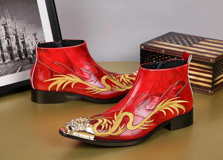 NA038 Fashion classic pointed toe men genuine leather Red Black Ankle boots Men Height Increased embroidered dragon Boots