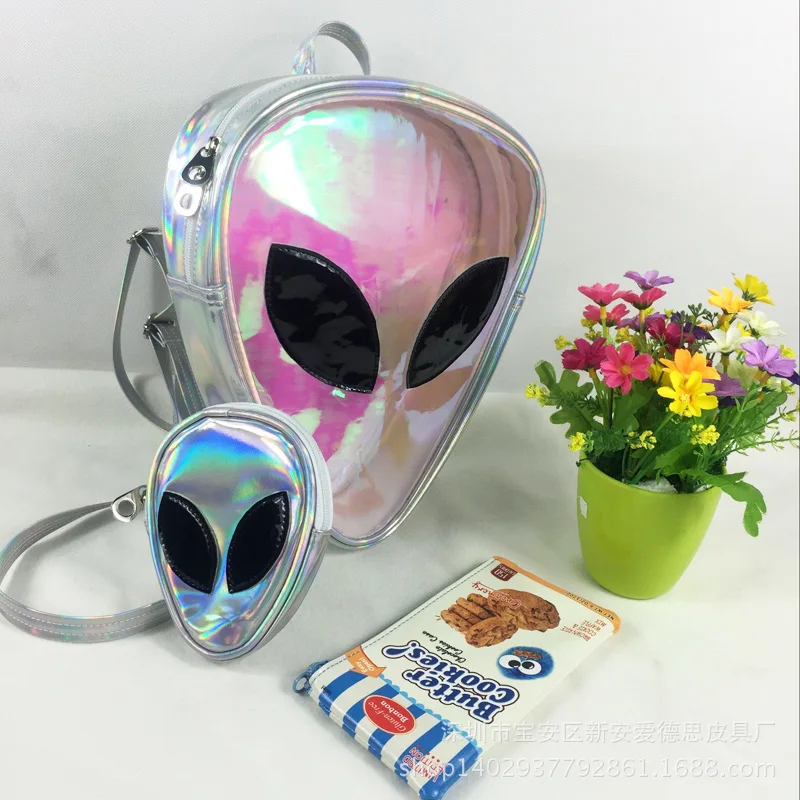 New Korean fashion handbags candy color laser transparent laser backpack alien big eye triangle shaped casual bag