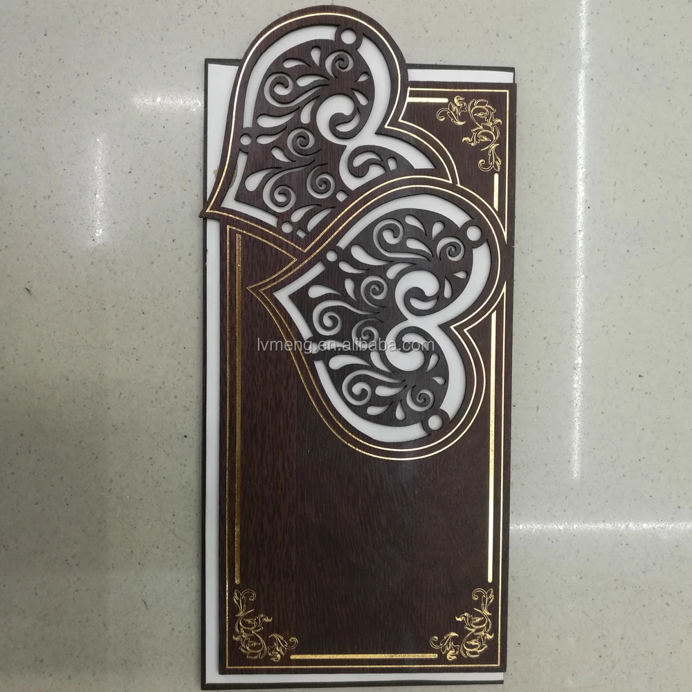 
laser cut double heart Wood Wedding Cards higher quality. good price wooden invitations 