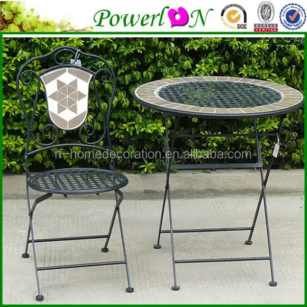 
High Quality Metal Mosaic Wood side Mosaic Garden Table And Folding Chair Set Outdoor Dining Furniture 