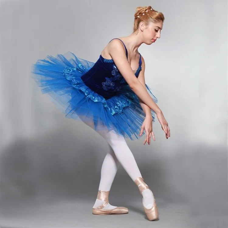 Blue flowers decoration velvet elegant swan lake ballet tutu ladies tutu