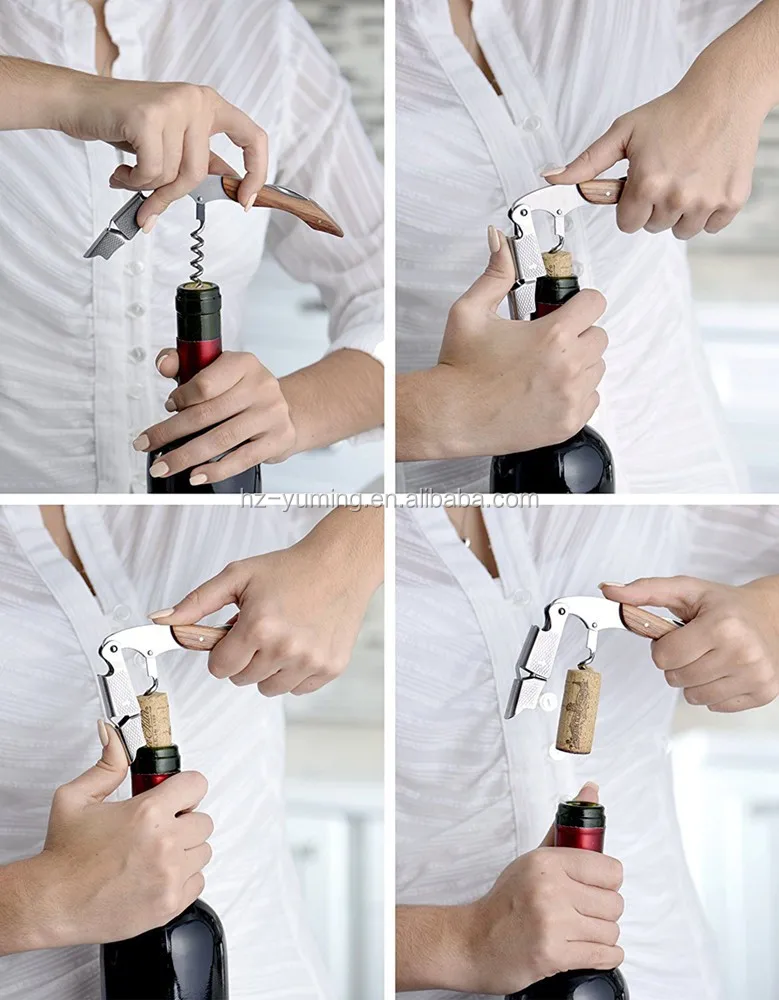 Amazon hot selling custom logo wooden handle wine corkscrew wine opener