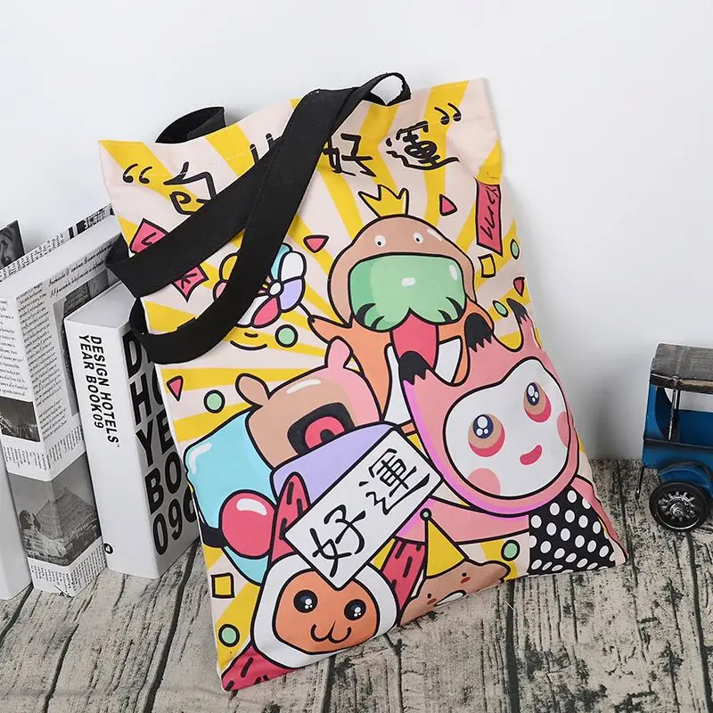 Пользовательская черная ручка полноцветная мультяшная сублимационная печать холст хлопчатобумажная сумка для шоппинга для женщин