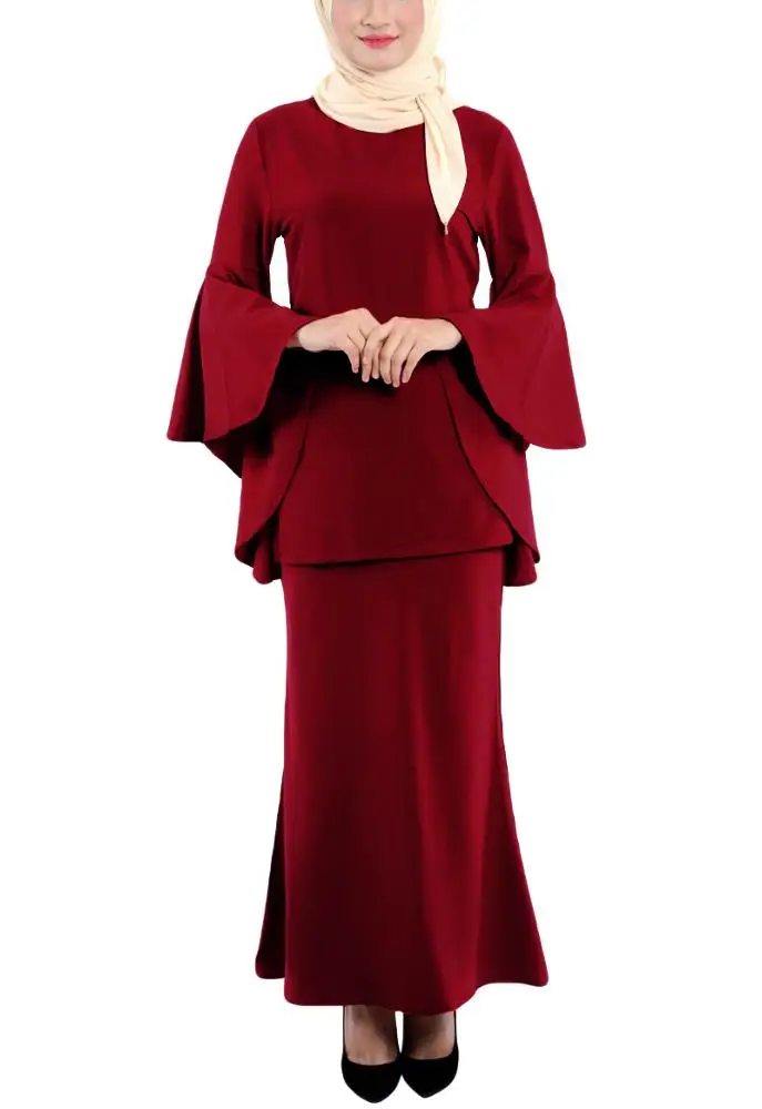 
2020 EID Lady Baju Kurung Flared Sleeves Fashion Solid Color Malaysia Clothing 