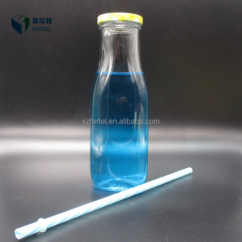 
250ml Custom Glass square juice bottle 400ml for milk with metal lid and straw 