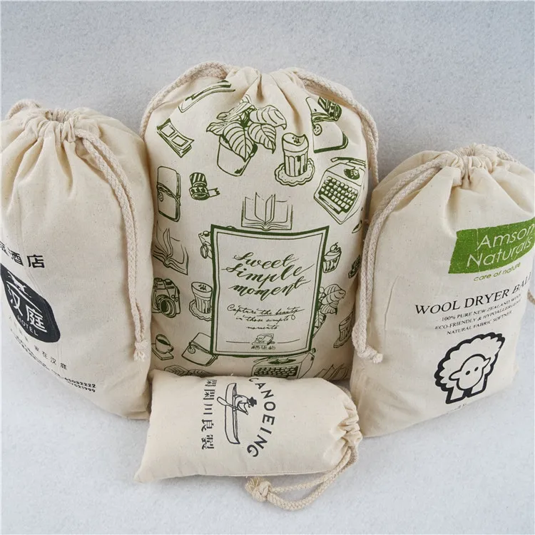 Wholesale Custom logo printed small 100% cotton muslin drawstring gift bag, soft cotton pouch printing logo