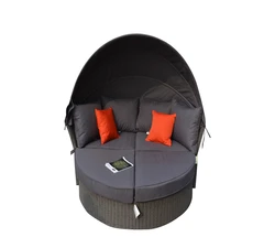 Round Sofa Bed Plastic Rattan Weave Outdoor Casual Garden Furniture Daybed with Canopy