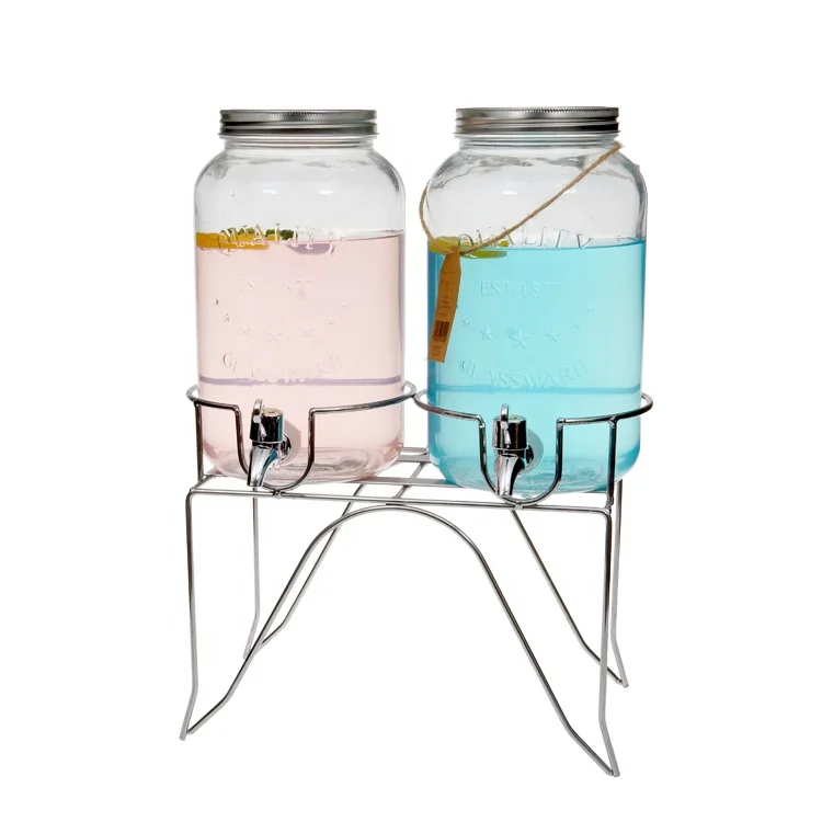 
glass double beverage dispenser on stand with lead free spigot 
