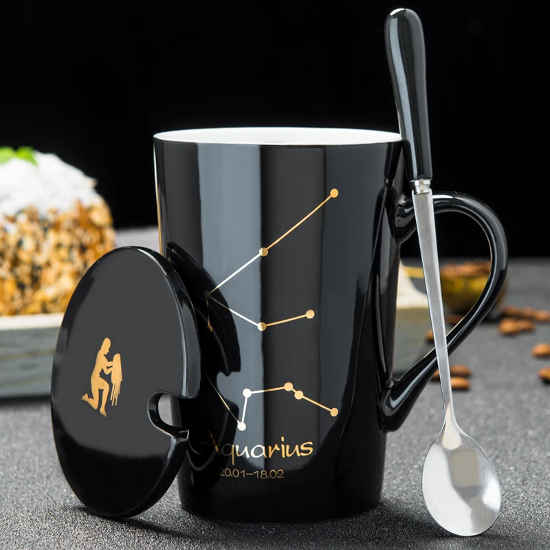 12 Constellations Creative Ceramic Mugs with Spoon Lid Black and Gold Porcelain Zodiac Milk Coffee Cup